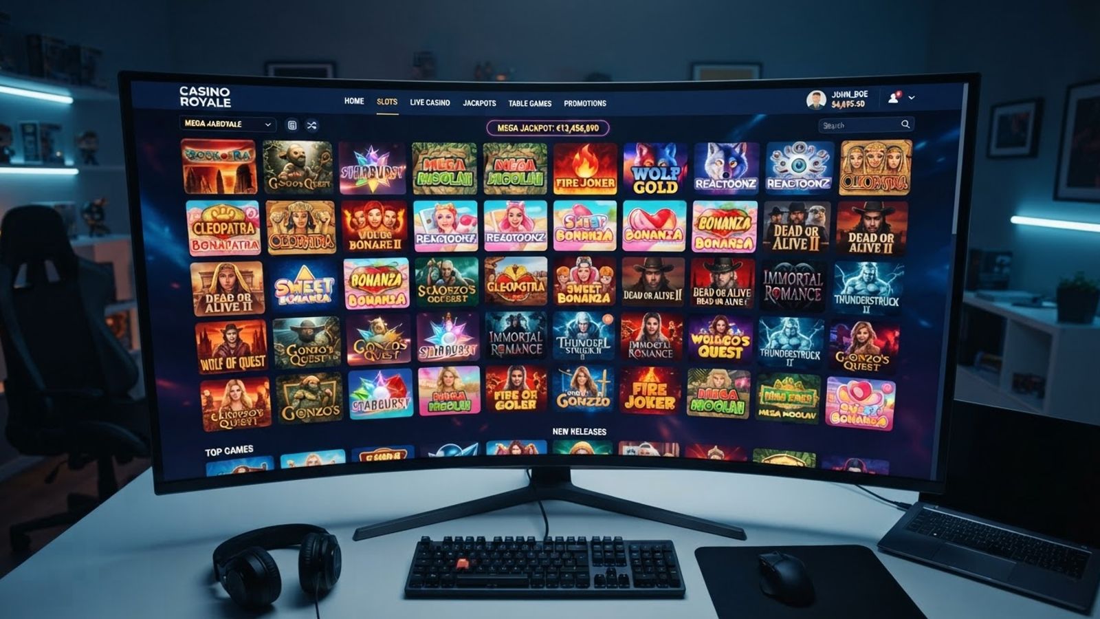 Lobby van een online casino met tegels van gokkasten