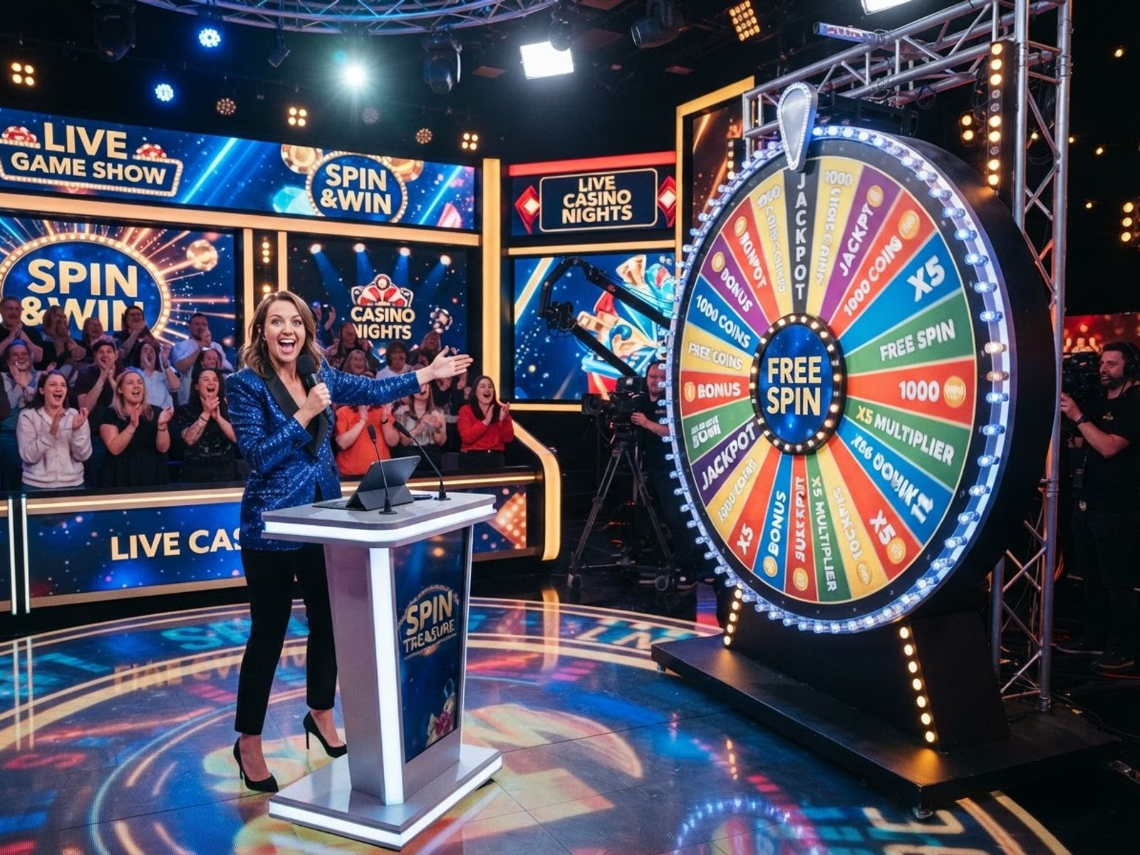 Rad van een casino game show op het podium