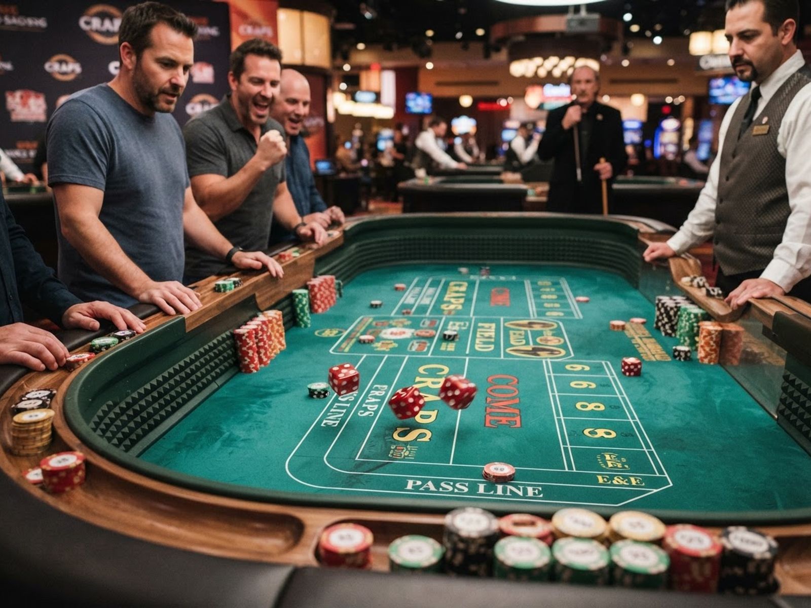 Dobbelstenen rollen over de craps tafel
